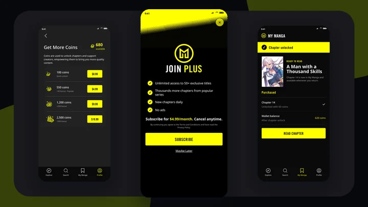 Mangamo subscription, coin wallet, and chapter access screens